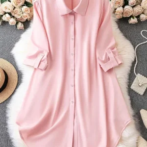 Robe chemise mi longue femme rose