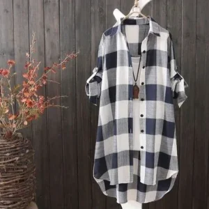 Robe chemise flanelle femme bleu et blanc