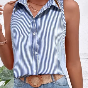 Chemise rayée bleu et blanc femme – sans manches, col classique