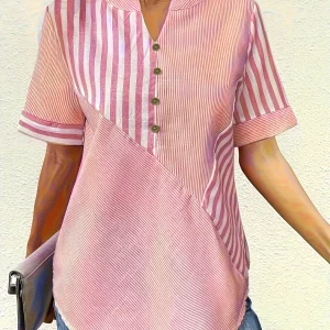 Chemise Rayée Femme – Col V, Manches Courtes